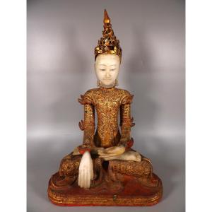 Antique 19th Century Burmese Buddha Sculpture In Gilded Wood And Carved Stone