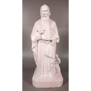 Antique Glazed Ceramic Statuette - Priest Holding A Holy Book