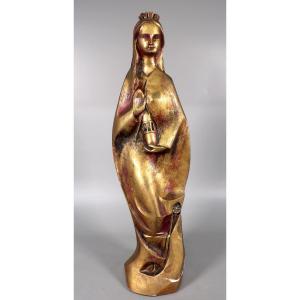 Stylized Virgin Mary In Gilded Plaster By L. R. Muller 1981