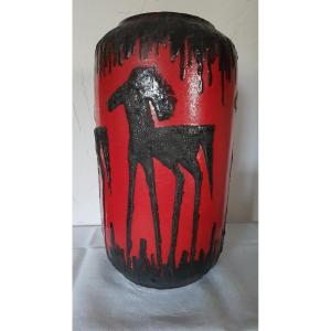 Large Ceramic Pottery Vase From Scheurich Germany, Horse Decor.