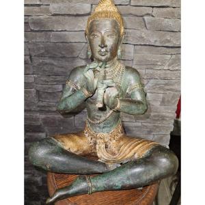 Statuette Of Buddha Playing The Flute - Bronze - Early 20th Century - 