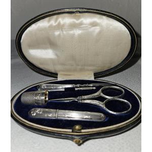 Silver Sewing Kit In Its Napoleon III Leather-covered Case
