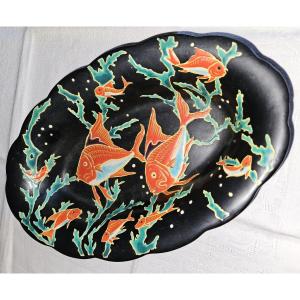 Banette In Longwy Enamel - Neptune Decoration - Signed Mp Chevalier - 20th Century Period -