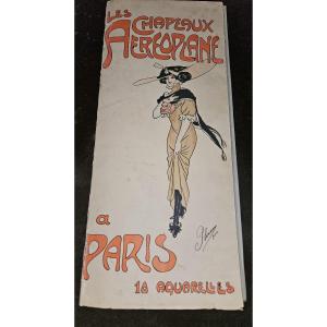 "airplane Hats In Paris" - Set Of 9 Watercolors Drawn By Plum - 1910 