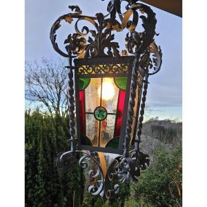 Large Wrought Iron Porch Lantern With Leaded Stained Glass - 19th Century  