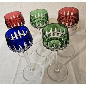 5 Rohmer Glasses - Manhattan Pattern - Saint-louis Crystal - 20th Century