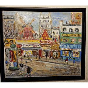 Painting Of Montmartre - The Moulin Rouge - Laurent Bruno Emile - 20th Century 
