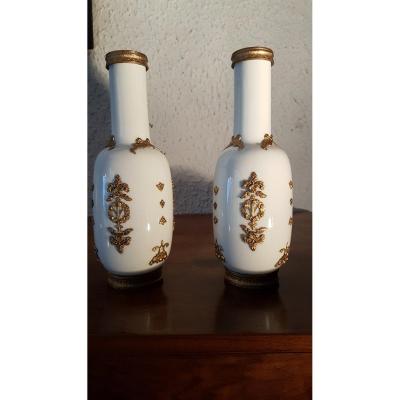 Louis XVI Style Brass Decoration Porcelain Vases Pair - 
