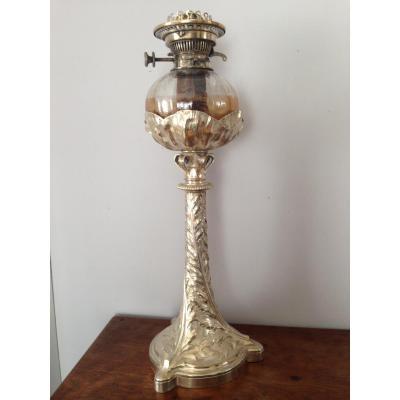 Oil Lamp Art Nouveau Christofle Silver Bronze H 60cm