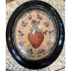 Oval Blackened Wood Frame With Curved Glass Religious - Sacred Heart Of Jesus Embroidery
