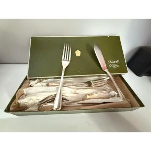 Christofle Spatours Fish: 12 Forks + 12 Knives In Original Box - Green Cardboard