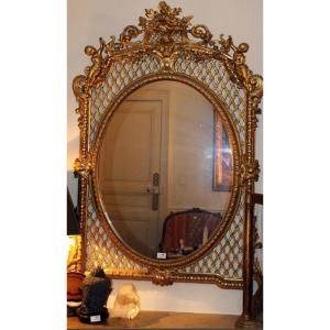 Gilded Mirror In Wood And Stucco - Mesh Decoration (trellis) Basket Pediment - Cherubs - 19th -