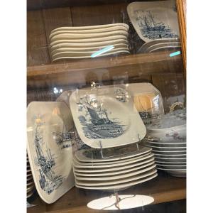 Longchamp Earthenware Dinner Service, Marine Pattern - Beach - Sailboat 