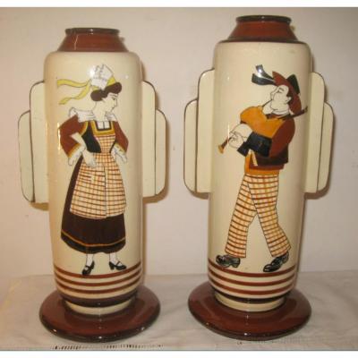 2 Vases Faience Quimper Early Twentieth