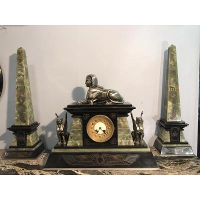 Art Deco Pendulum 2 Obelisks Marble-onyx-bronze Sphinx Of Tanis-winged Lions