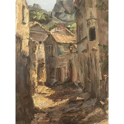 Belgique Peintre -lucienne Bosquet - Huile Sur Toile - Les Baux De Provence - Rue Trencat