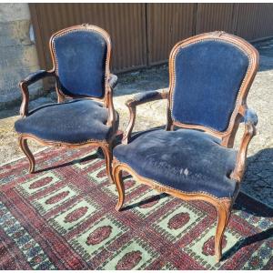 Pair Of Cabriolets In Natural Wood, Louis XV Period, 18th 