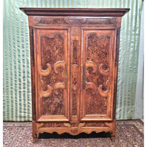Walnut And Walnut Burl Cabinet, Molded, Carved Louis XV, 18th Century.