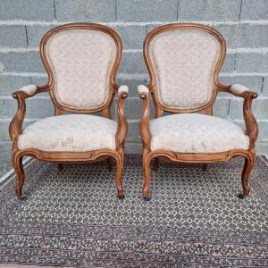 Pair Of Walnut Cabriolet Armchairs, Napoleon III, 19th Century 