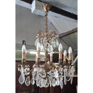 Bronze Chandelier With Crystals, Eight Light Arms, Louis XV Style, 20th Century