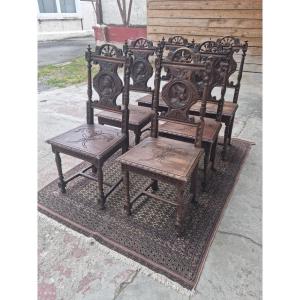 Six Oak Chairs, Breton Style, 19th Century 