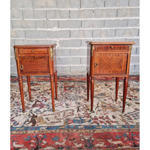 Pair Of Marquetry Bedside Tables, Louis XVI Period, 19th Century 