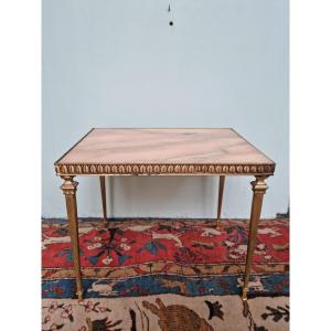 Louis XVI Style Coffee Table In Gilt Bronze And Pink Marble, 20th Century