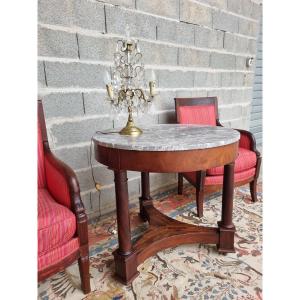 Empire-style Pedestal Table In Solid Mahogany, Grey Marble Top – 19th Century
