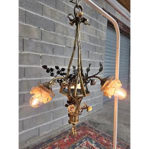 Chandelier In Gilt And Patinated Bronze, Decorated With Roses, Late 19th Century 