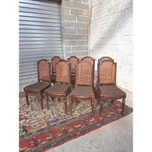 Set Of 8 Caned Walnut Chairs, Louis XIII Style, 19th Century. 