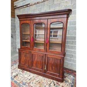 Napoleon III Bookcase In Flamed Mahogany, From The 19th Century. 