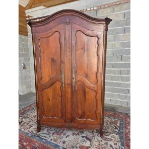 Louis XV Style Wardrobe In Solid Cherry Wood, Cremone Bolt Lock, 18th Century