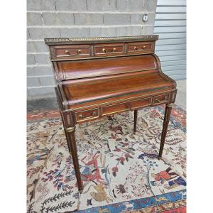  Louis XVI Style Cylinder Desk In Mahogany, With A Gallery And Brass Stringing, Late 19th Century 