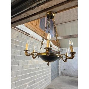 Six-light Chandelier In Bronze And Green Painted Sheet Metal, Empire Style, 20th Century