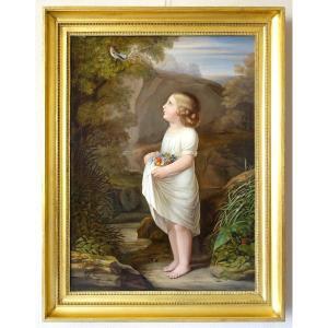 French School, Large Portrait Of A Little Girl From The Charles X Period, Allegory Of Innocence