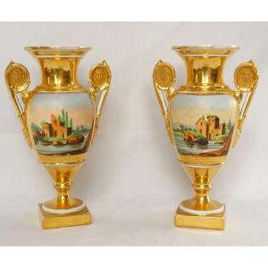 Pair Of Empire Ornamental Vases In Paris Porcelain - Restoration Period