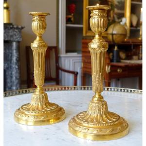 Pair Of Important Louis XVI Flambeaux Candlesticks In Gilt Bronze, 30cm
