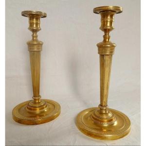 Pair Of Candlesticks / Torches In Gilt Bronze From The Empire Period Attributed To Claude Galle