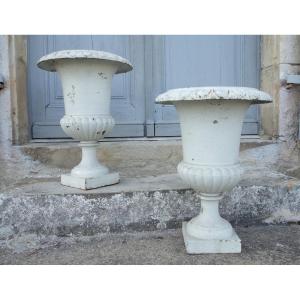 Pair Of Tall Painted Cast Iron Ornemental Garden Vases, 19th Century - 51.5cm