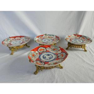 Set Of 4 Japanese Porcelain Bronze Mounted Plates With Imari Decor