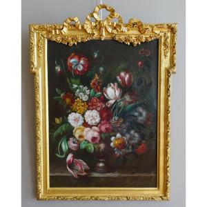 19th Century French School, Large Oil On Canvas, Bouquet Of Flowers, Louis XVI Gilt Wood Frame