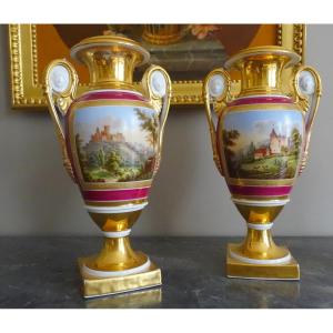   Pair Of Gilded And Polychrome Paris Porcelain Vases, Restoration Period 32.5cm