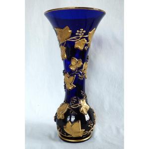 Tall Cobalt Blue Baccarat Crystal Vase, Gold Ivy Garland Pattern - 39.6cm