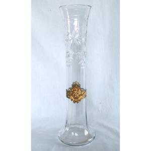 Tall Cut Baccarat Crystal Vase, Gilt Brass Lion's Muzzle Shaped Frame  - Circa 1900