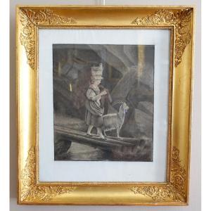 Attributed To Edouard Pingret, Young Goat Girl Knitting - Drawing In Gilded Wood Frame 
