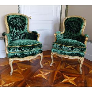 Louis Delanois - Pair Of Louis XV Bergeres In Cabriolet - Silk Velvet - Stamp