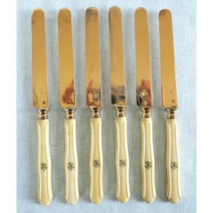 6 Napoleon III Fruit Knives, Vermeil Blade, Ivory Handle - Circa 1870 - Minerva Hallmark