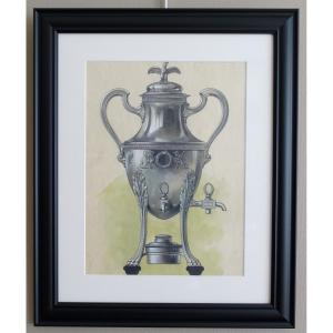Gouache - Goldsmith Drawing Empire Style Silver Samovar Framed - 47.5 X58cm
