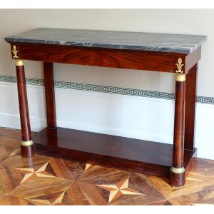 Large Empire Period Console Table In Mahogany, Gilt Bronze And Blue Turquin Marble - 129cm