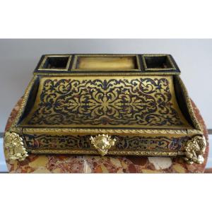Large Napoleon III Louis XIV Style Inkwell, Boulle Marquetry Desk Set 